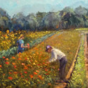 Zinnia Pickers, 11x14, oil on 1 in. cradle board,  $575